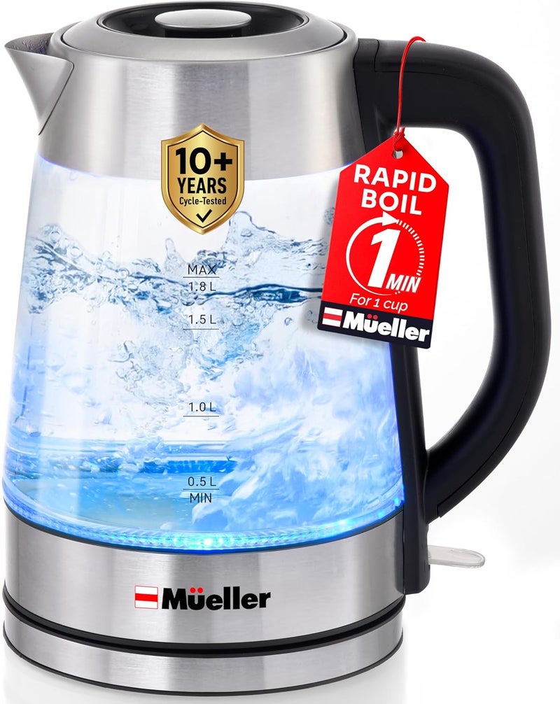 Mueller غلاية كهربائية سريعة الغليان 1.8 لتر – زجاج بوروسيليكات وفولاذ مقاوم للصدأ – غلاية مياه ساخنة خالية من BPA، ضوء LED، إيقاف تلقائي، حماية من الغليان الجاف، سخان مياه سريع – أجهزة المطبخ - Image 1